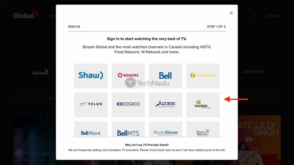 Signing In to Global TV Using TV Provider