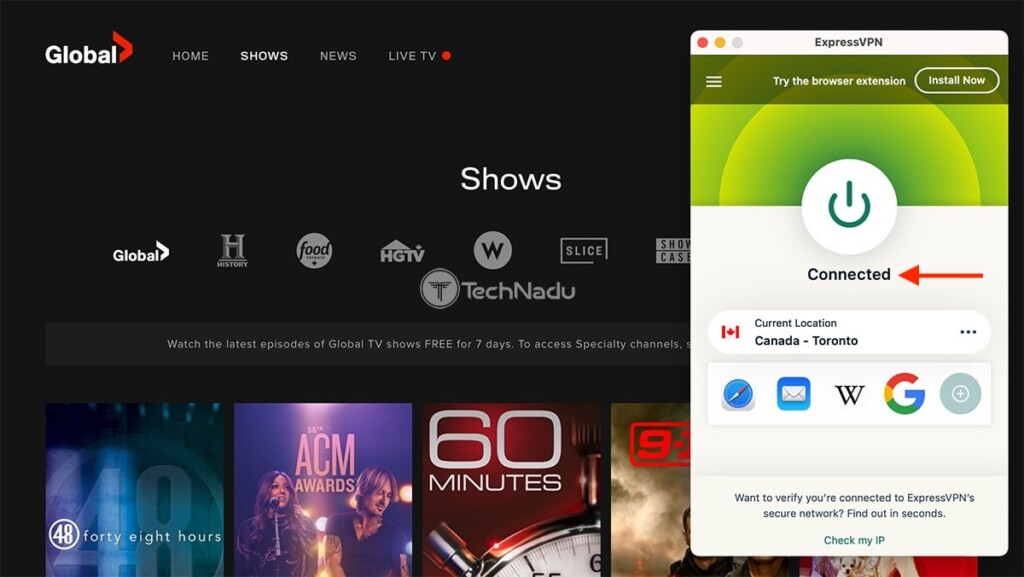 Watching Global TV Outside Canada via ExpressVPN