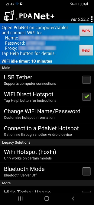 Wi-Fi direct hotspot on PdaNet for Android