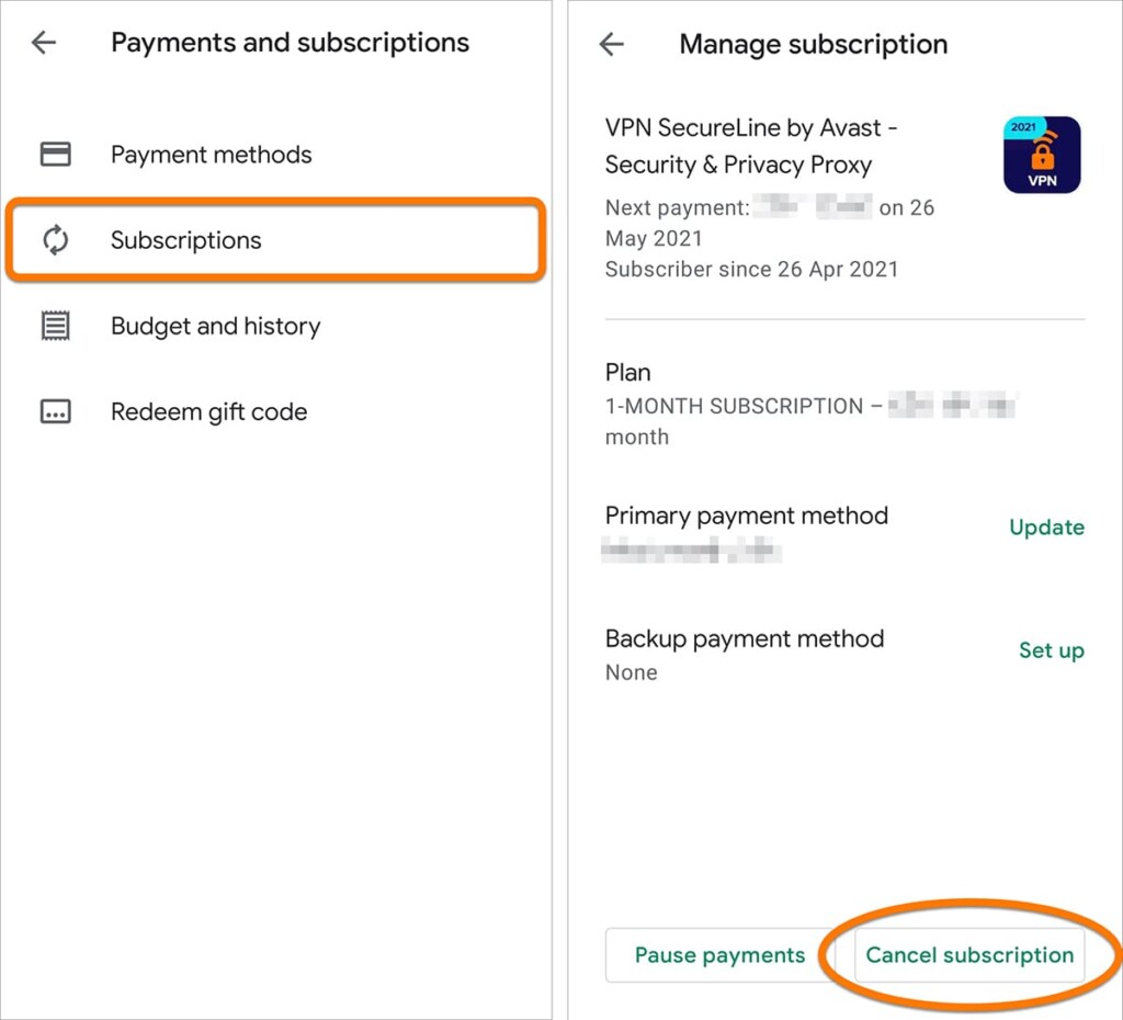 Canceling Avast VPN Subscription on Android