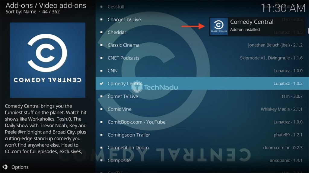 Comedy Central Installed on Kodi Notification