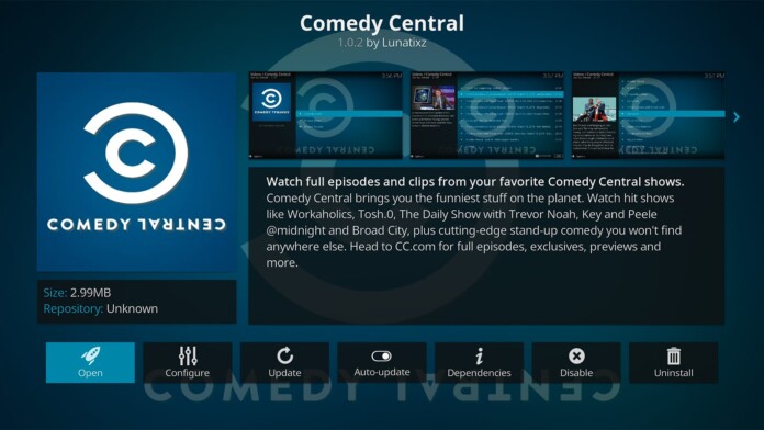 Comedy Central Kodi Addon Overview Screen