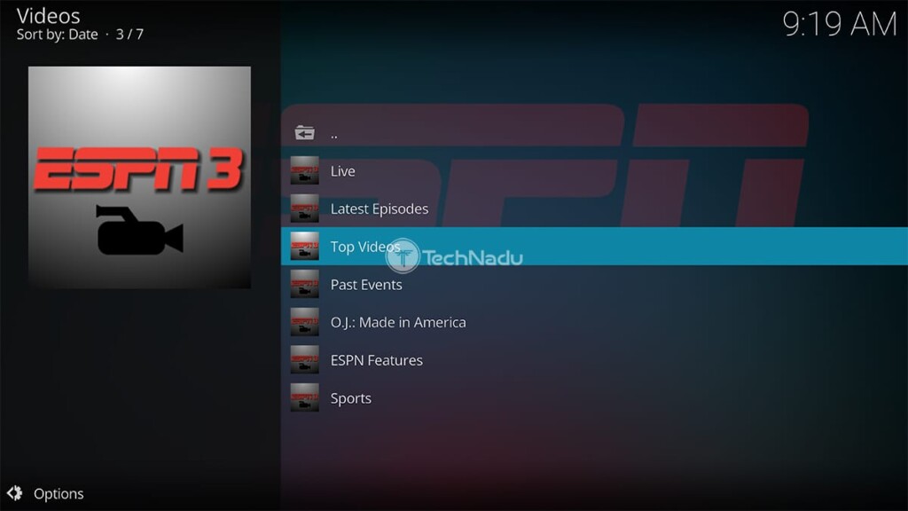 ESPN 3 for Kodi Home Screen