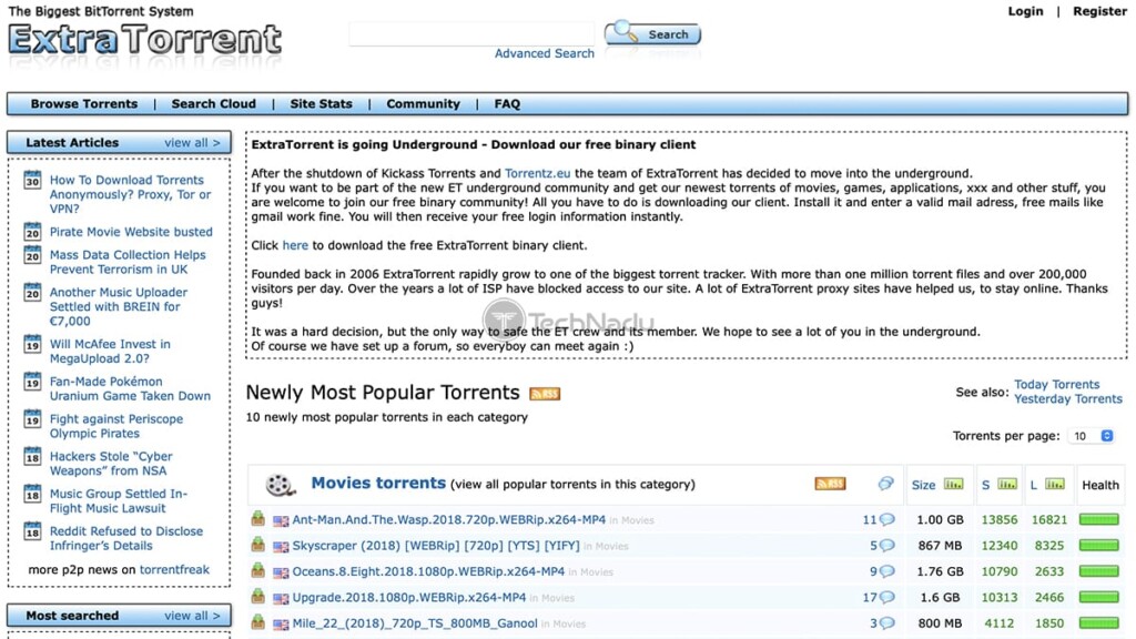 ExtraTorrent Home Page