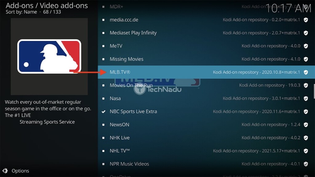 Finding MLB on in Kodi Official Repository