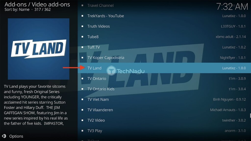 Finding TV Land in Kodi Official Repository