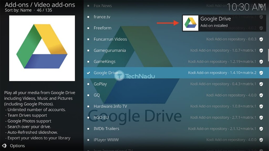 Google Drive for Kodi Installed Notification