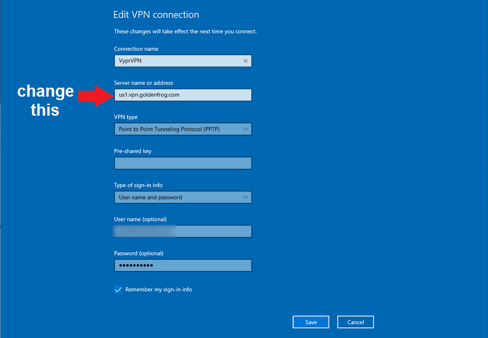 how to change location in PPTP VPN on windows 10