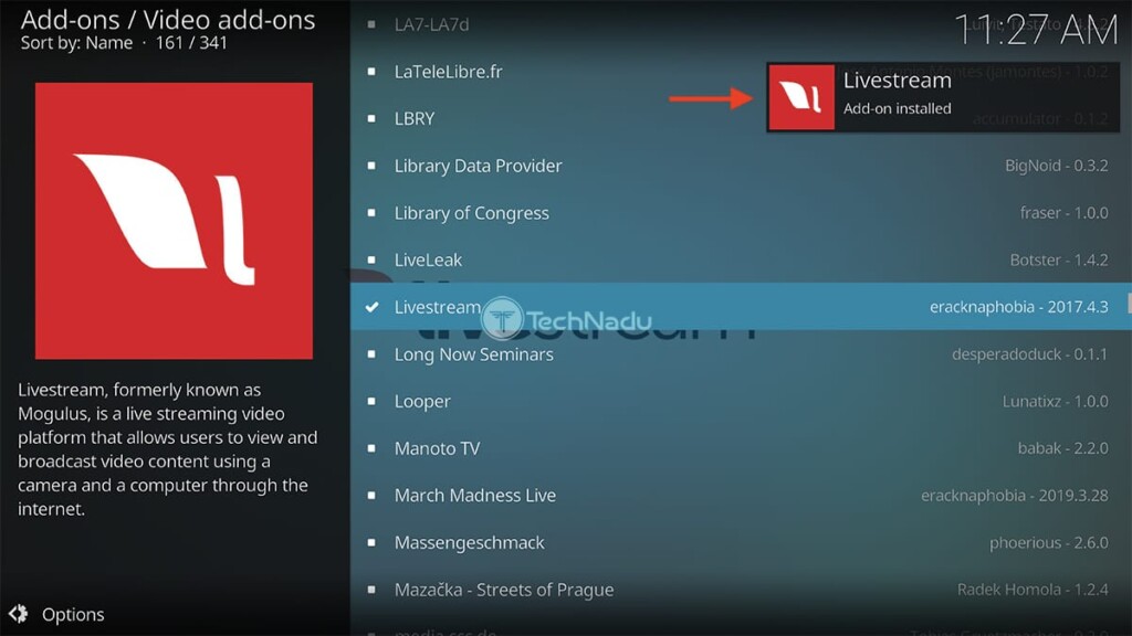 Livestream Installed on Kodi Notification