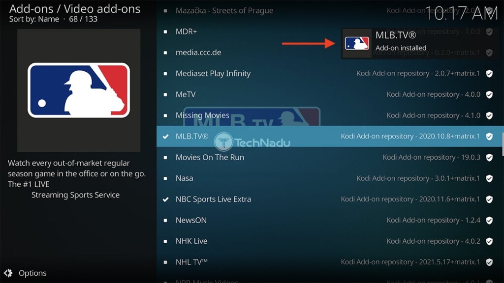 MLB TV Installed on Kodi Notification
