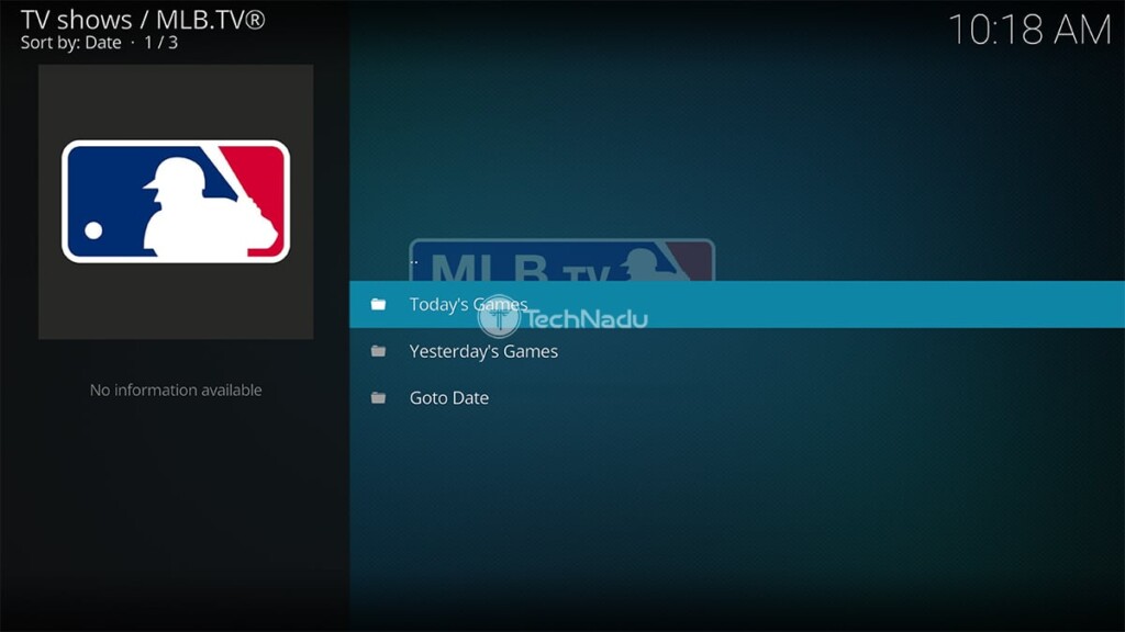 MLB TV Kodi Addon Home Screen