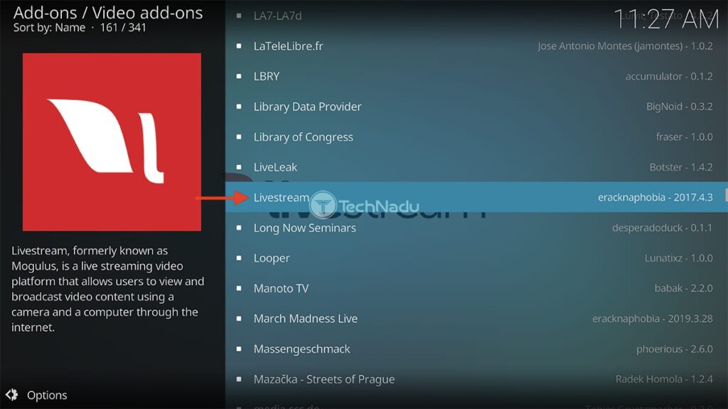 Navigating to Livestream in Kodi Official Repository