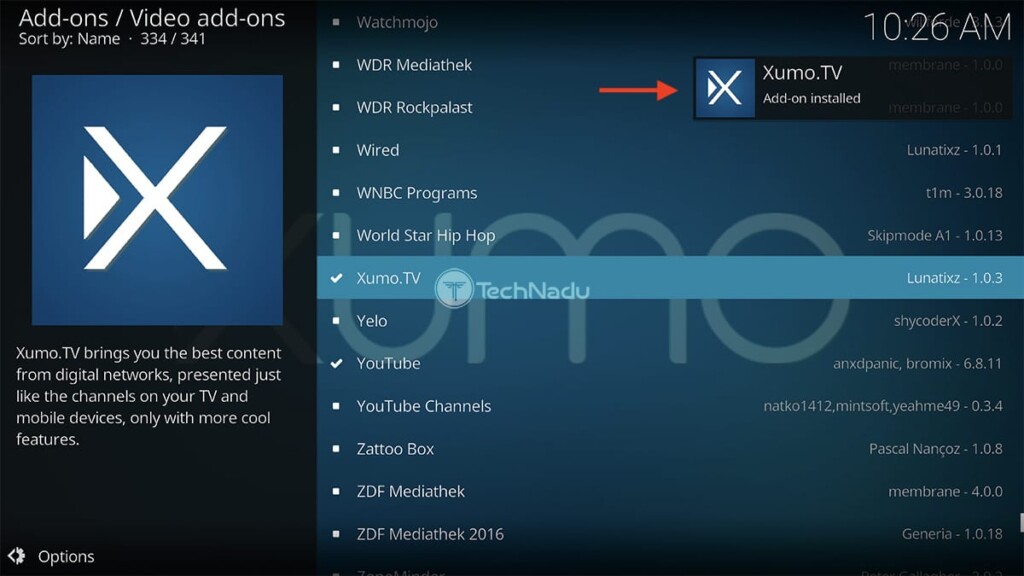 Notification About XUMO TV Installed on Kodi