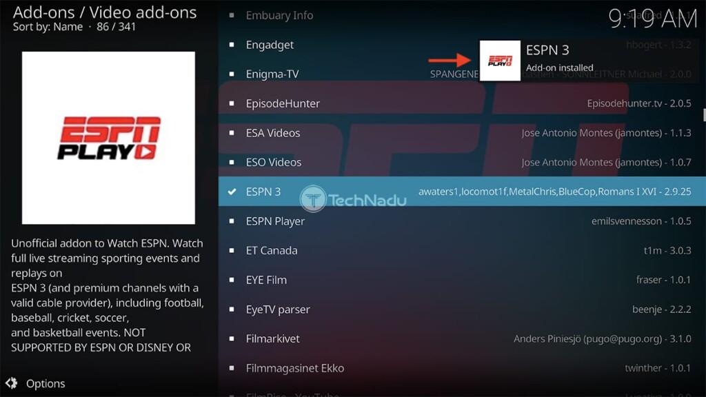 Notification Saying ESPN 3 Installed on Kodi