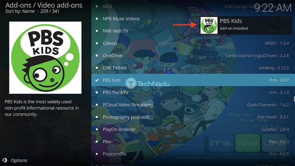 Notification Saying PBS Kids Installed on Kodi