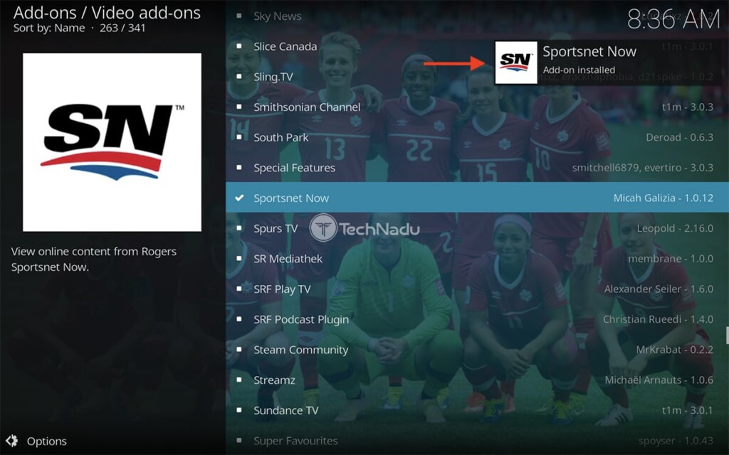 Notification Saying Sportsnet Now Installed on Kodi