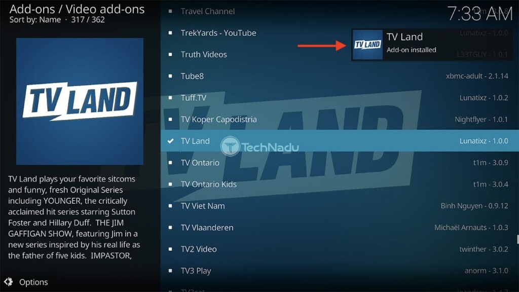 Notification Saying TV Land Installed