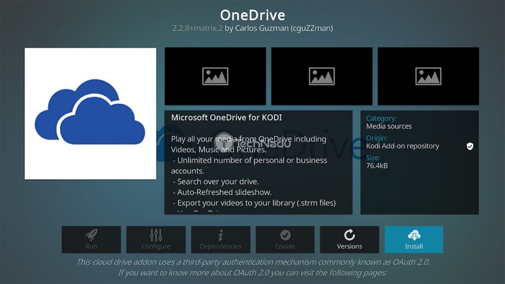 Overview and Installation Screen of OneDrive Kodi Addon