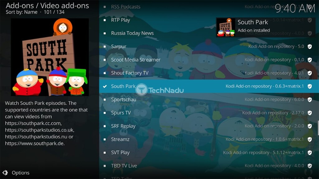 South Park Installed Notification in Kodi