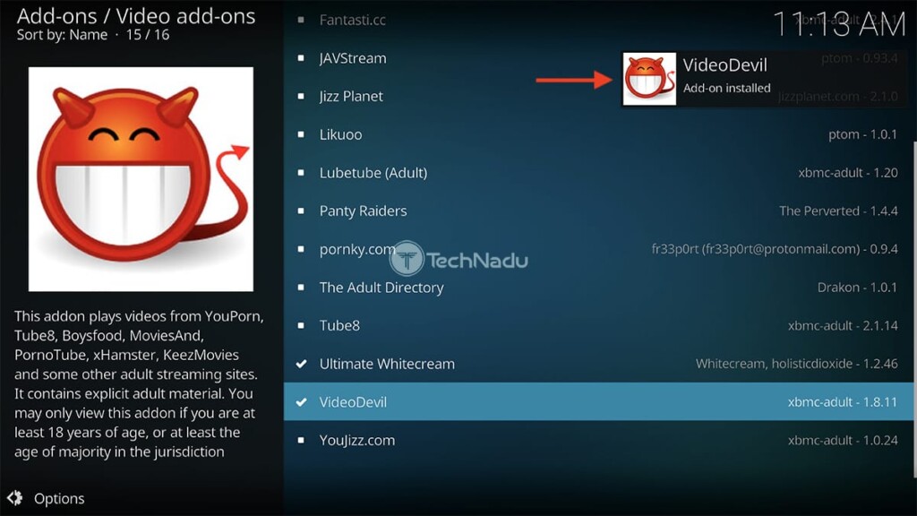 Video Devil for Kodi Installed Notification