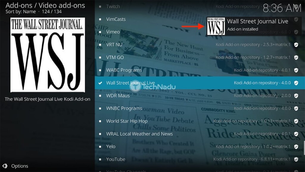 Wall Street Journal Live Installed on Kodi Notification