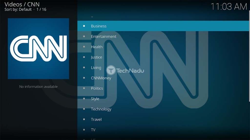 CNN Kodi Addon Home Screen