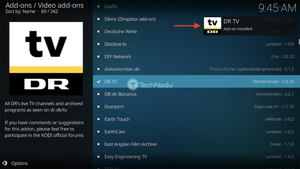 DR TV Installed on Kodi Notification