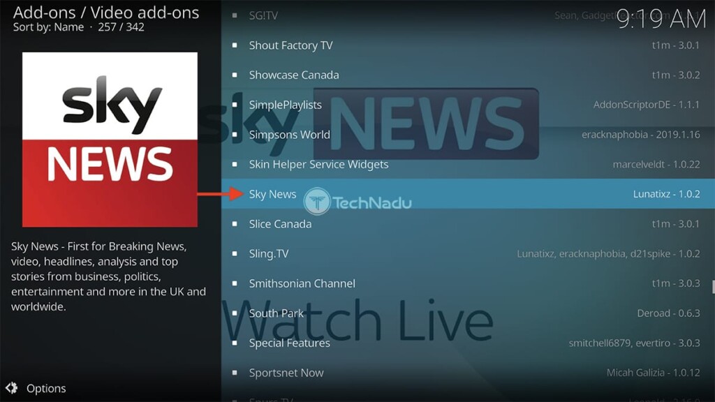 Finding Sky News in Kodi Official Repository