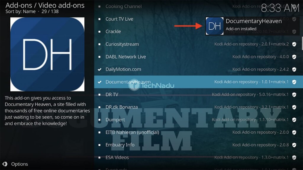 Kodi Notification Saying Documentary Heaven Installed