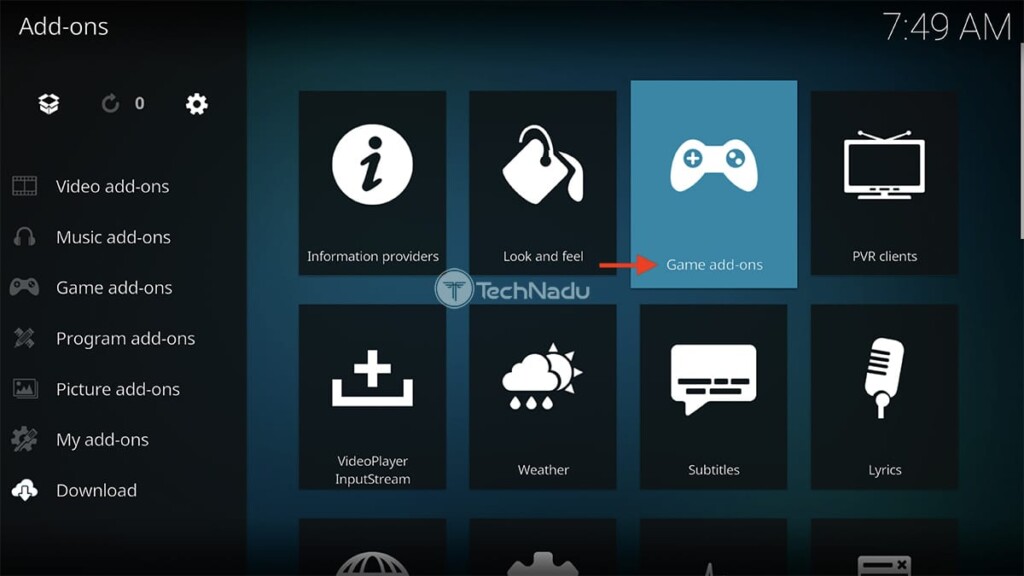 Location of Game Addons Section in Kodi