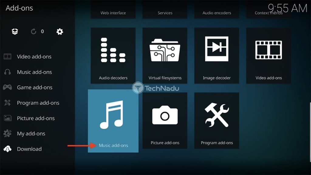 Music Addons Section Highlighted in Kodi