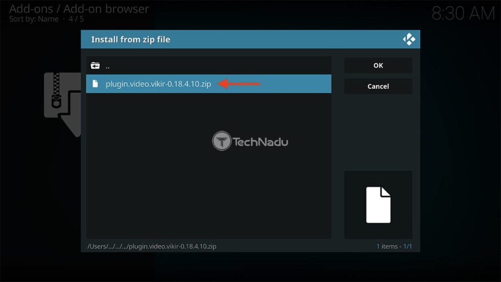 Navigating to VIKI's Installation ZIP File on Kodi