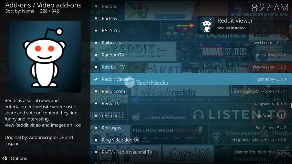 Notification Sating Reddit Viewer Installed on Kodi