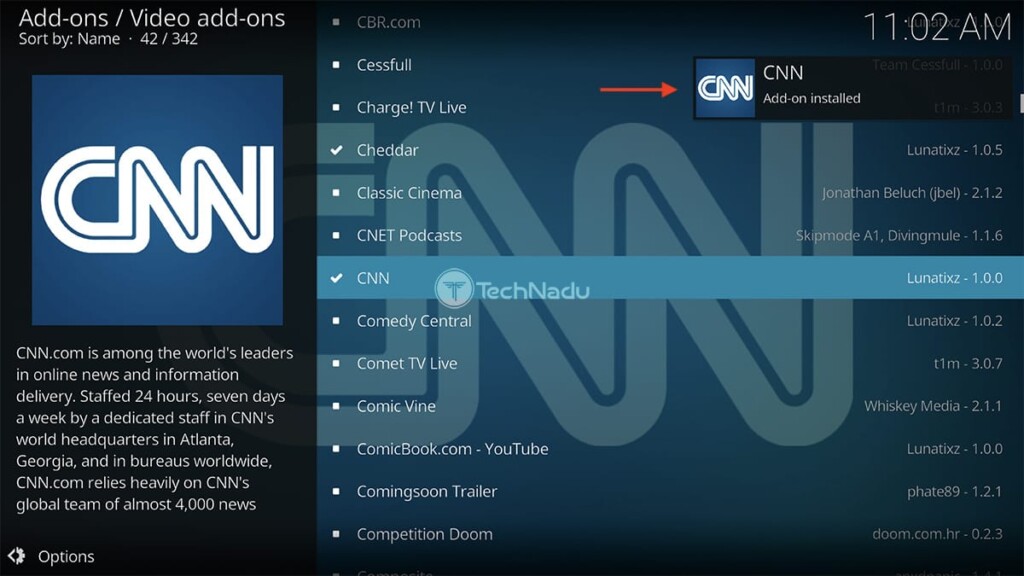Notification Saying CNN Installed on Kodi