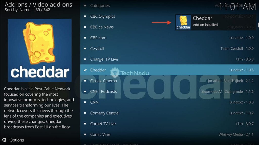 Notification Saying Cheddar Installed on Kodi