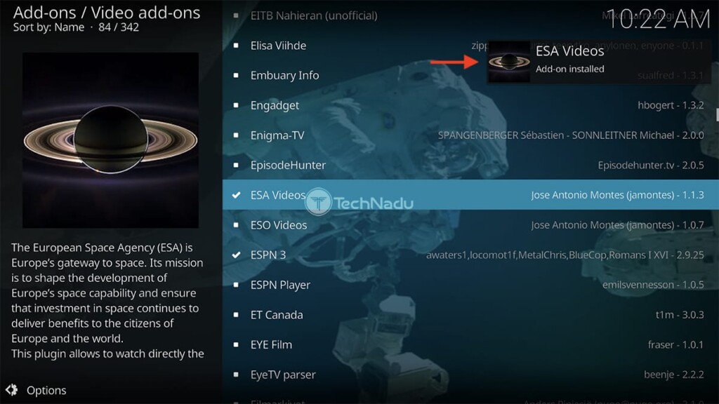 Notification Saying ESA Videos Installed on Kodi