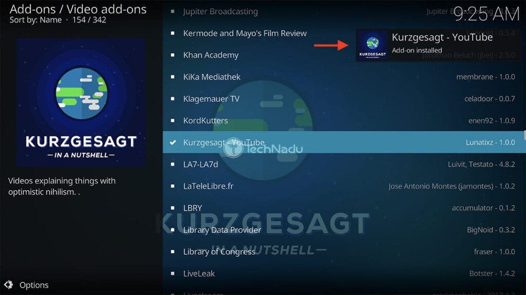 Notification Saying Kurzgesagt Installed on Kodi