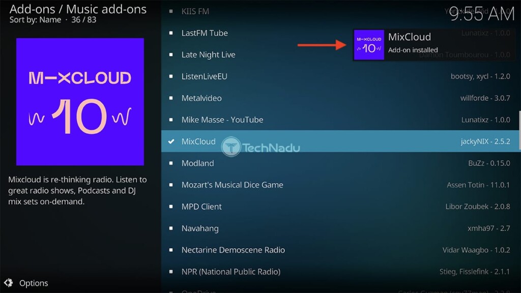 Notification Saying MixCloud Installed on Kodi