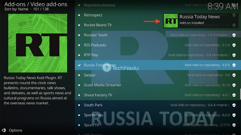 Notification Saying Russia Today News Installed on Kodi