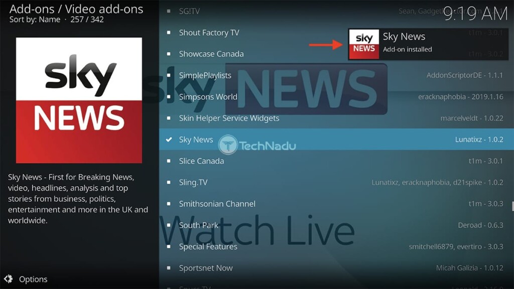 Notification Saying Sky News Installed on Kodi