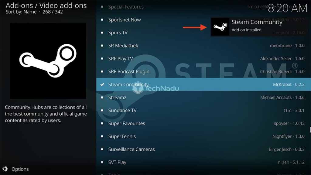 Notification Saying Steam Community Installed on Kodi