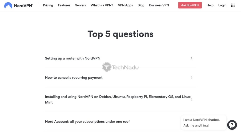 FAQ Section on NordVPN Website