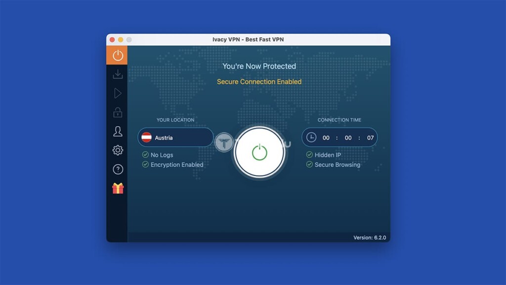 Interface of Ivacy VPN Showing Connected to VPN Screen
