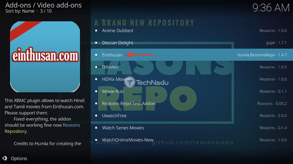 Locating Einthusan Kodi Addon in Reasons Repository