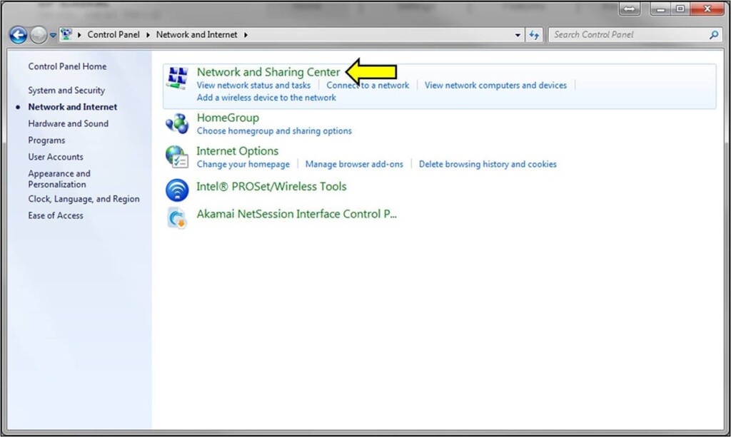 Network and Sharing Center on Windows