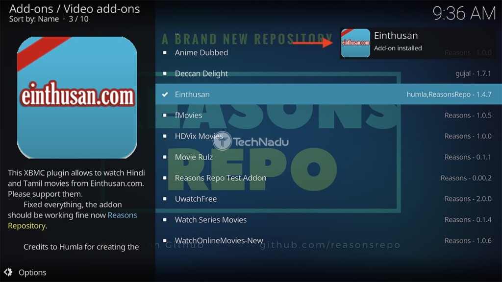 Notification Saying Einthusan Kodi Addon Installed