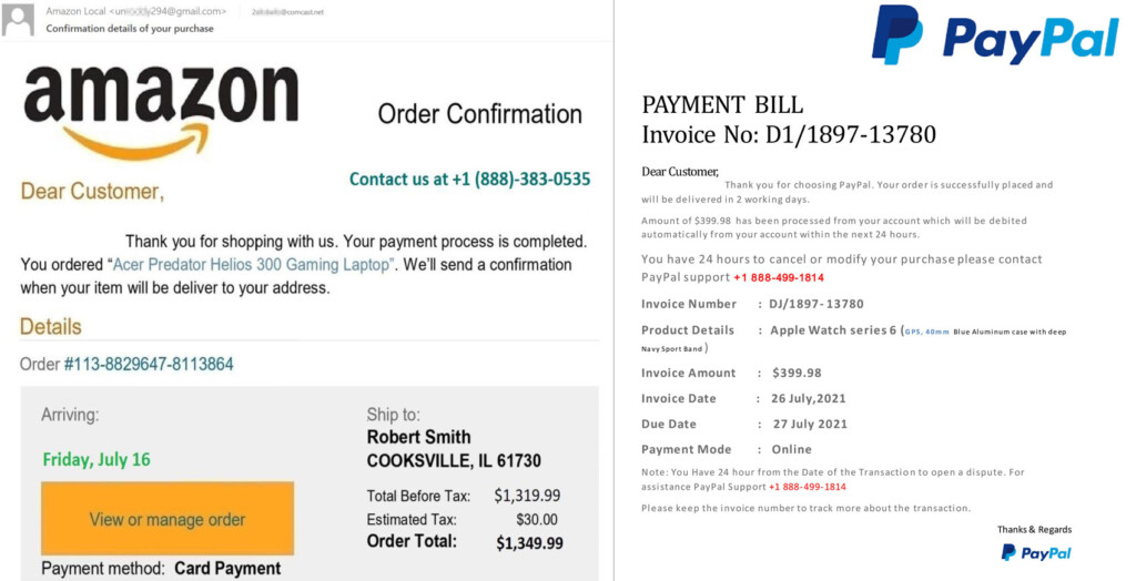 Fake order confirmation from Amazon and PayPal payment bill sent to victims