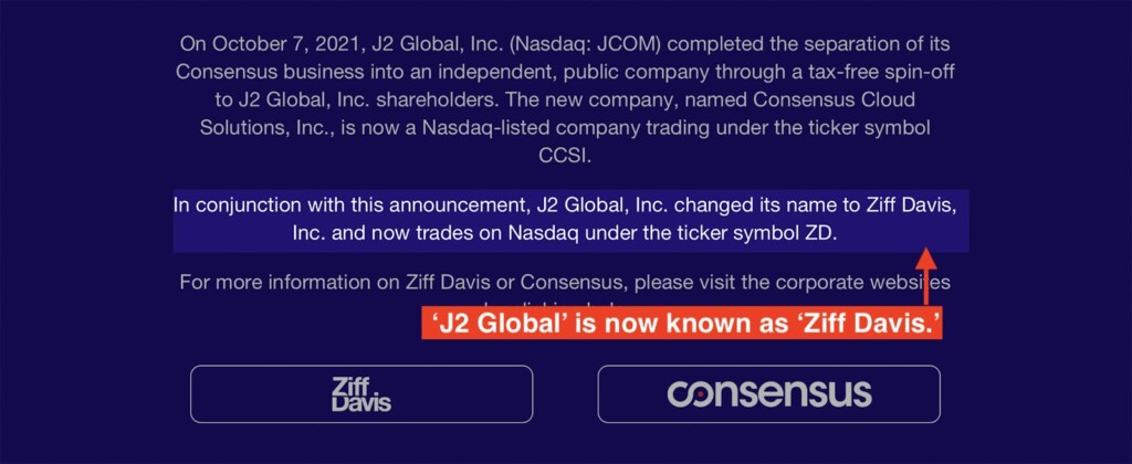 Announcement Saying J2 Global is Known Ziff Davis