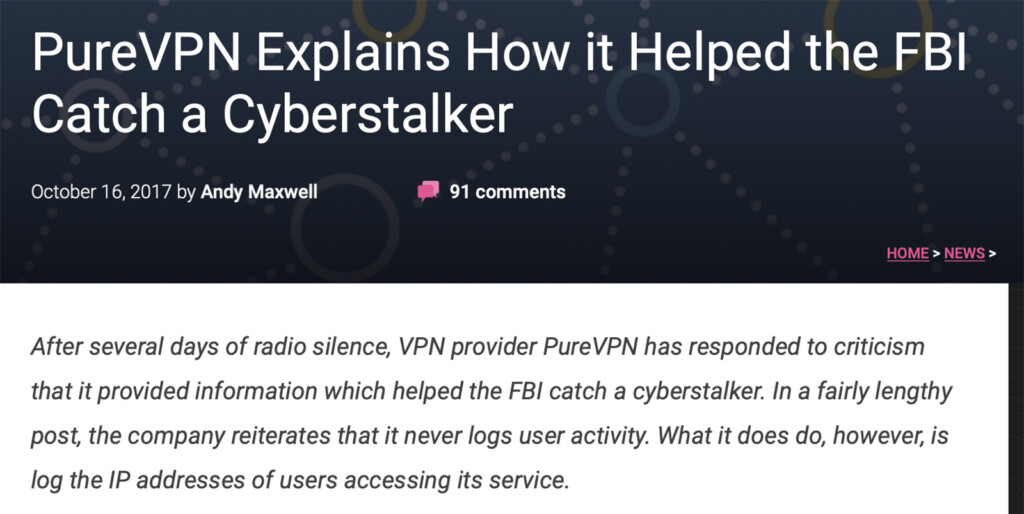Article Clip About PureVPN's Data Logging