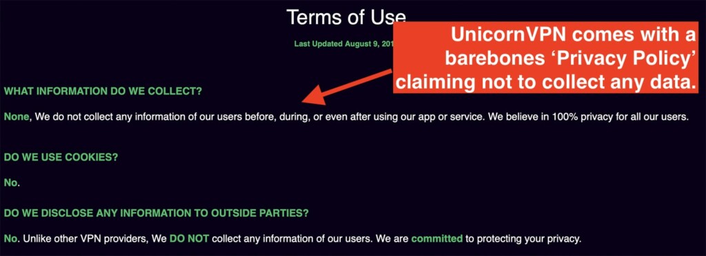Barebones UnicornVPN Privacy Policy